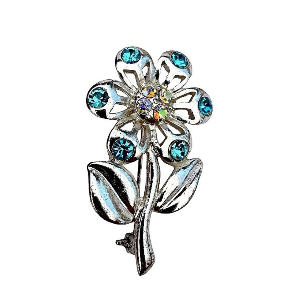 Daisy Flower Brooch Lapel Pin Blue Rhinestoneโ Jeweled Costume Jewelry